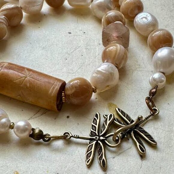 Statement  Necklace: Handmade :Pearls, Snail Shell beads, Sea glass - Picture 3 of 6